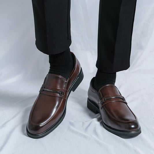 Men's Formal Leather Shoes Classic Style Slip On Loafers Round Toe Breathable Non - Slip Business Dress Wedding Office Casual Shos - WAREHOUSE SHOP