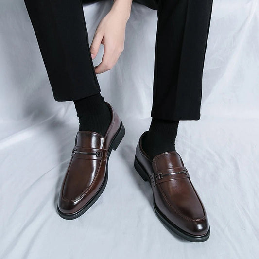 Men's Formal Leather Shoes Classic Style Slip On Loafers Round Toe Breathable Non - Slip Business Dress Wedding Office Casual Shos - WAREHOUSE SHOP