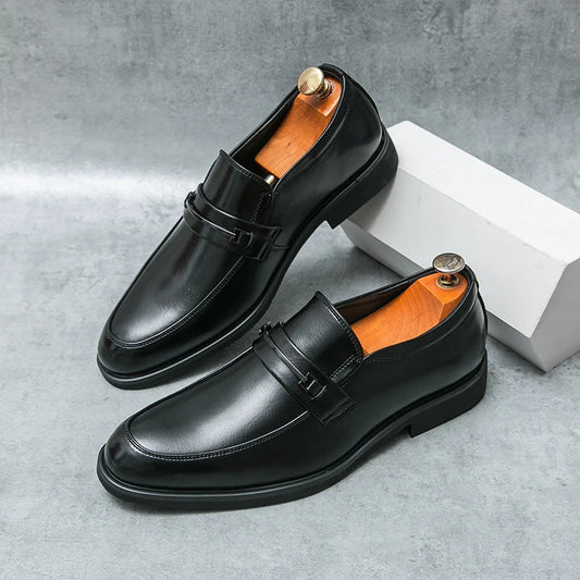 Men's Formal Leather Shoes Classic Style Slip On Loafers Round Toe Breathable Non - Slip Business Dress Wedding Office Casual Shos - WAREHOUSE SHOP
