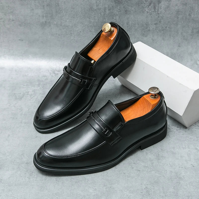 Men's Formal Leather Shoes Classic Style Slip On Loafers Round Toe Breathable Non - Slip Business Dress Wedding Office Casual Shos - WAREHOUSE SHOP