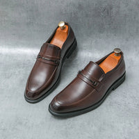 Men's Formal Leather Shoes Classic Style Slip On Loafers Round Toe Breathable Non - Slip Business Dress Wedding Office Casual Shos - WAREHOUSE SHOP