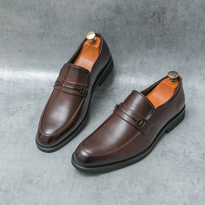 Men's Formal Leather Shoes Classic Style Slip On Loafers Round Toe Breathable Non - Slip Business Dress Wedding Office Casual Shos - WAREHOUSE SHOP