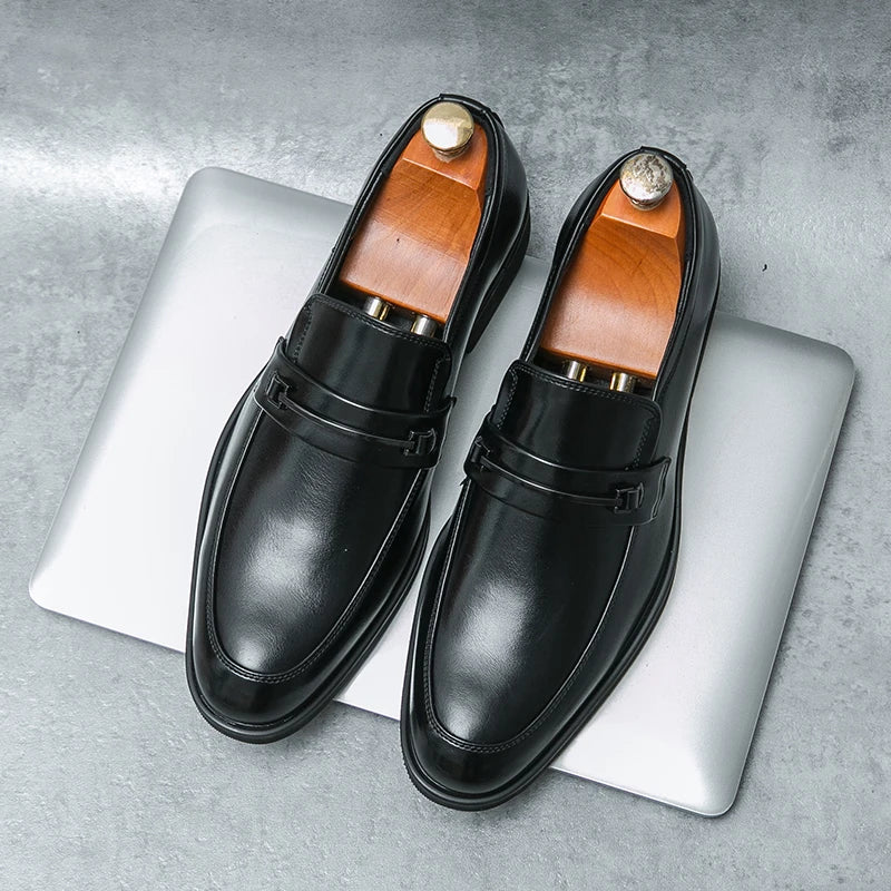 Men's Formal Leather Shoes Classic Style Slip On Loafers Round Toe Breathable Non - Slip Business Dress Wedding Office Casual Shos - WAREHOUSE SHOP