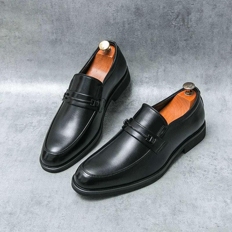 Men's Formal Leather Shoes Classic Style Slip On Loafers Round Toe Breathable Non - Slip Business Dress Wedding Office Casual Shos - WAREHOUSE SHOP