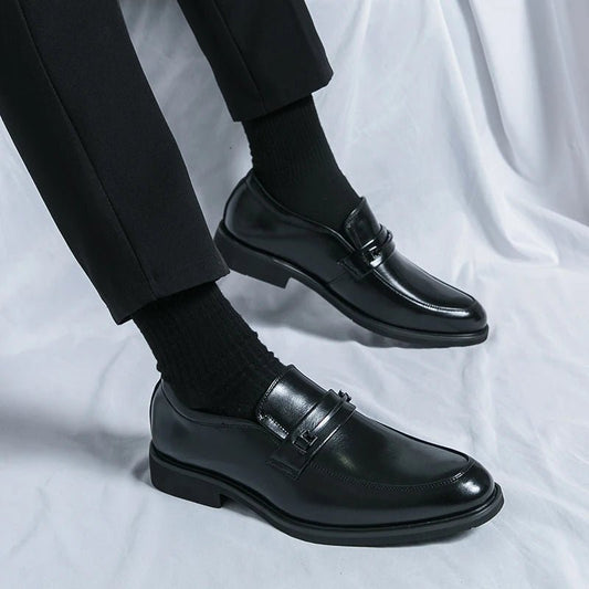 Men's Formal Leather Shoes Classic Style Slip On Loafers Round Toe Breathable Non - Slip Business Dress Wedding Office Casual Shos - WAREHOUSE SHOP