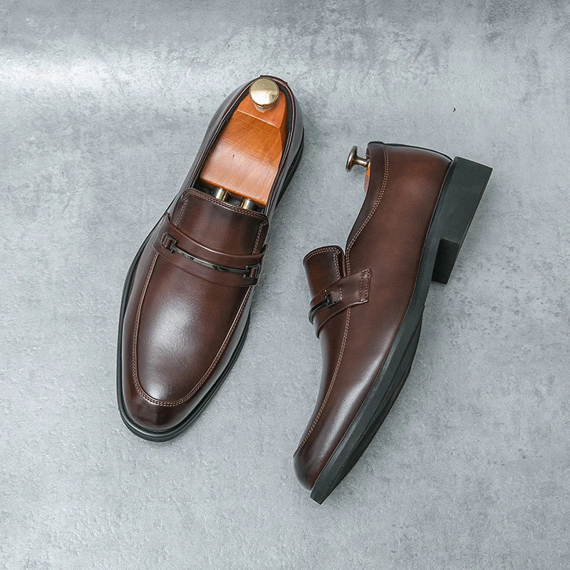 Men's Formal Leather Shoes Classic Style Slip On Loafers Round Toe Breathable Non - Slip Business Dress Wedding Office Casual Shos - WAREHOUSE SHOP