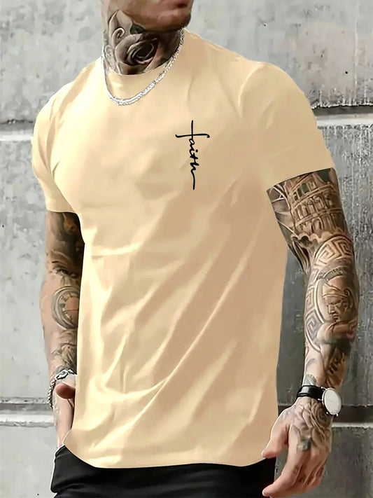 Men's Summer 100% Cotton Fashionable Casual Loose Large Size Faith Cross Printed Sports Round Neck Short Sleeve T-shirt Top - WAREHOUSE SHOP