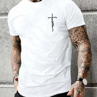 Men's Summer 100% Cotton Fashionable Casual Loose Large Size Faith Cross Printed Sports Round Neck Short Sleeve T-shirt Top - WAREHOUSE SHOP