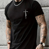 Men's Summer 100% Cotton Fashionable Casual Loose Large Size Faith Cross Printed Sports Round Neck Short Sleeve T-shirt Top - WAREHOUSE SHOP