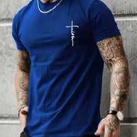 Men's Summer 100% Cotton Fashionable Casual Loose Large Size Faith Cross Printed Sports Round Neck Short Sleeve T-shirt Top - WAREHOUSE SHOP