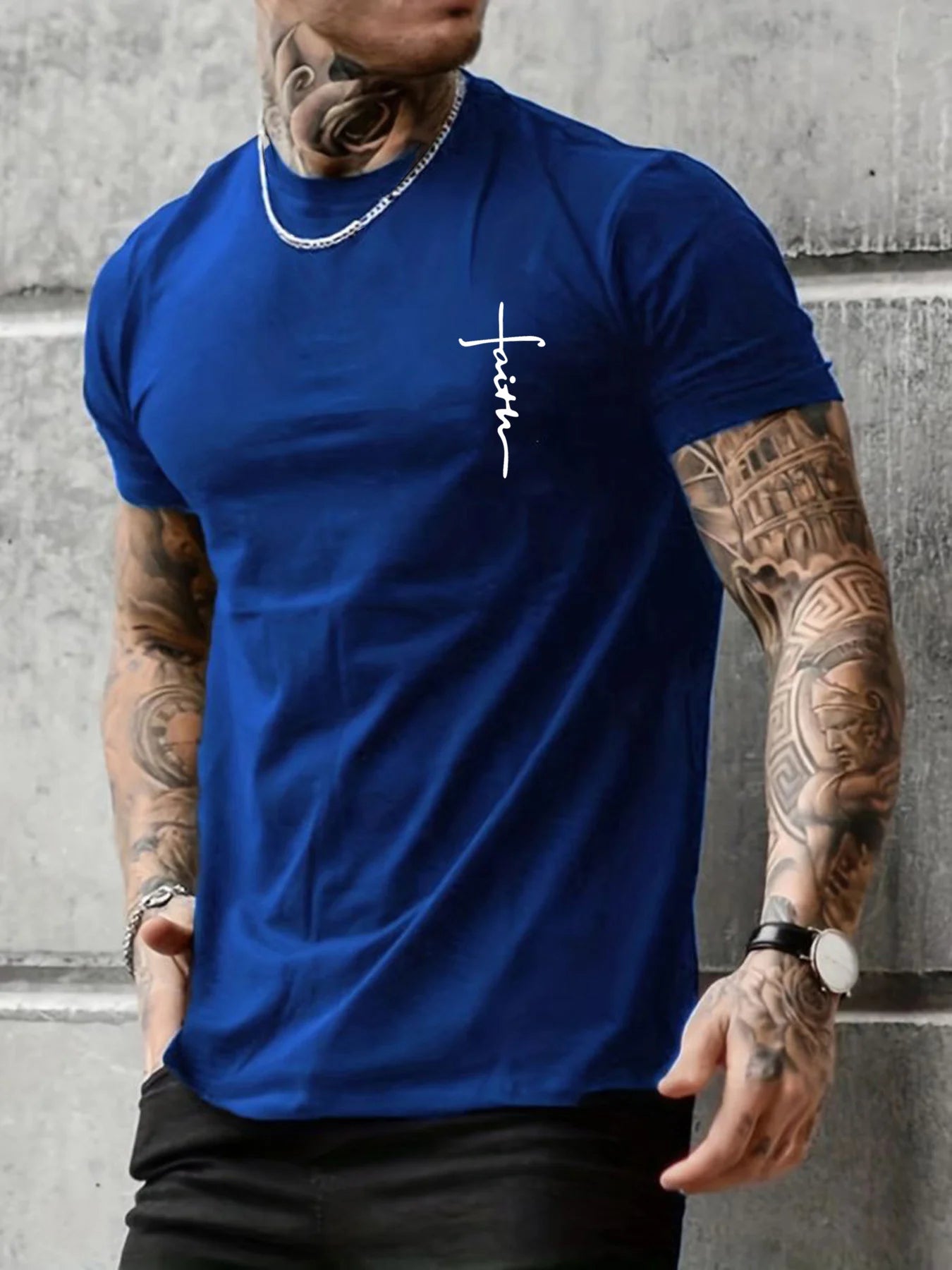Men's Summer 100% Cotton Fashionable Casual Loose Large Size Faith Cross Printed Sports Round Neck Short Sleeve T-shirt Top - WAREHOUSE SHOP