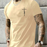 Men's Summer 100% Cotton Fashionable Casual Loose Large Size Faith Cross Printed Sports Round Neck Short Sleeve T-shirt Top - WAREHOUSE SHOP