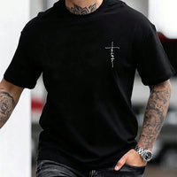 Men's Summer 100% Cotton Fashionable Casual Loose Large Size Faith Cross Printed Sports Round Neck Short Sleeve T-shirt Top - WAREHOUSE SHOP