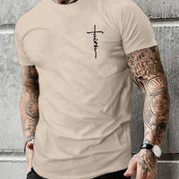 Men's Summer 100% Cotton Fashionable Casual Loose Large Size Faith Cross Printed Sports Round Neck Short Sleeve T-shirt Top - WAREHOUSE SHOP