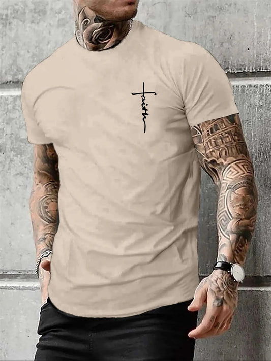 Men's Summer 100% Cotton Fashionable Casual Loose Large Size Faith Cross Printed Sports Round Neck Short Sleeve T-shirt Top - WAREHOUSE SHOP