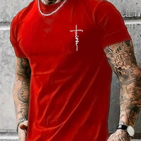 Men's Summer 100% Cotton Fashionable Casual Loose Large Size Faith Cross Printed Sports Round Neck Short Sleeve T-shirt Top - WAREHOUSE SHOP