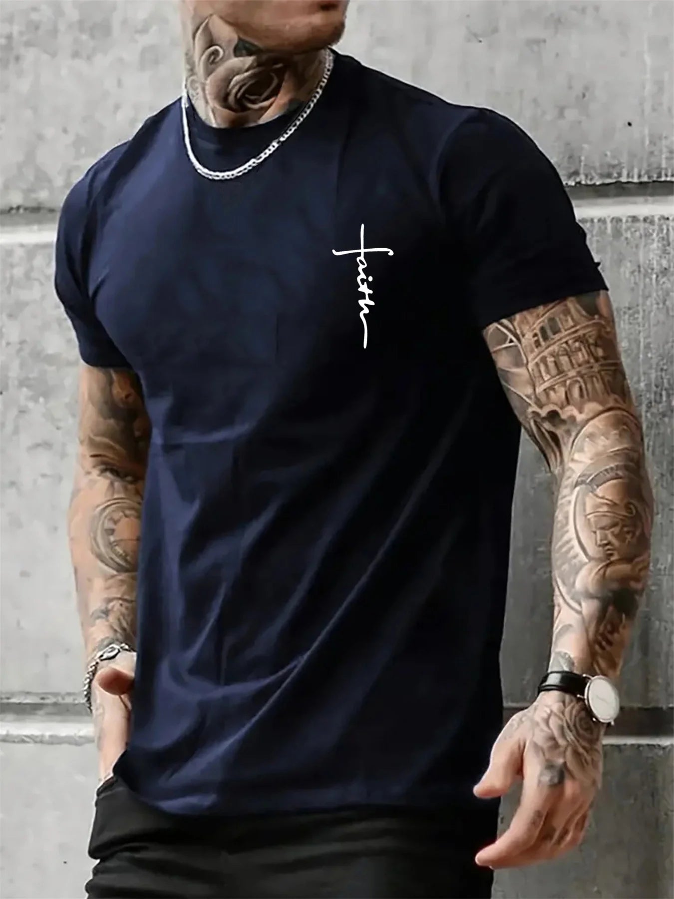 Men's Summer 100% Cotton Fashionable Casual Loose Large Size Faith Cross Printed Sports Round Neck Short Sleeve T-shirt Top - WAREHOUSE SHOP