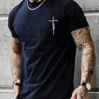 Men's Summer 100% Cotton Fashionable Casual Loose Large Size Faith Cross Printed Sports Round Neck Short Sleeve T-shirt Top - WAREHOUSE SHOP