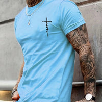 Men's Summer 100% Cotton Fashionable Casual Loose Large Size Faith Cross Printed Sports Round Neck Short Sleeve T-shirt Top - WAREHOUSE SHOP