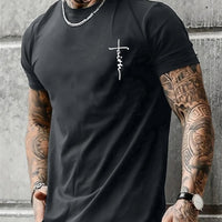 Men's Summer 100% Cotton Fashionable Casual Loose Large Size Faith Cross Printed Sports Round Neck Short Sleeve T-shirt Top - WAREHOUSE SHOP