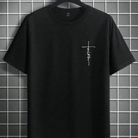 Men's Summer 100% Cotton Fashionable Casual Loose Large Size Faith Cross Printed Sports Round Neck Short Sleeve T-shirt Top - WAREHOUSE SHOP