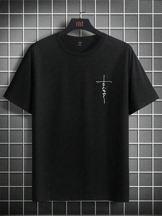 Men's Summer 100% Cotton Fashionable Casual Loose Large Size Faith Cross Printed Sports Round Neck Short Sleeve T-shirt Top - WAREHOUSE SHOP