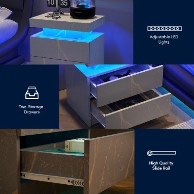 Modern LED Bedside Table with 2 drawers in grey and gold. Stylish bedside table with ambient lighting and storage for a chic, functional bedroom. - WAREHOUSE SHOP