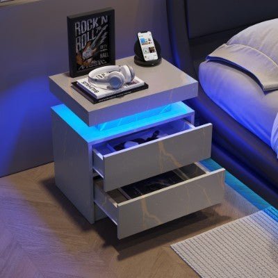 Modern LED Bedside Table with 2 drawers in grey and gold. Stylish bedside table with ambient lighting and storage for a chic, functional bedroom. - WAREHOUSE SHOP