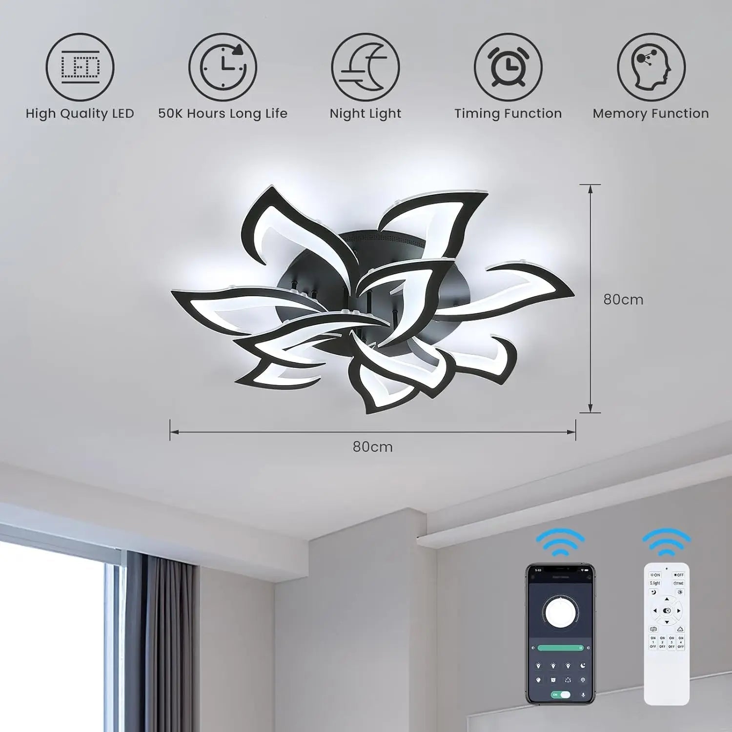 Modern Led Ceiling Light,60W Creative Petals Design Ceiling Light,Acrylic Ceiling Lamp,for Living Room Diameter Black 3000K - WAREHOUSE SHOP