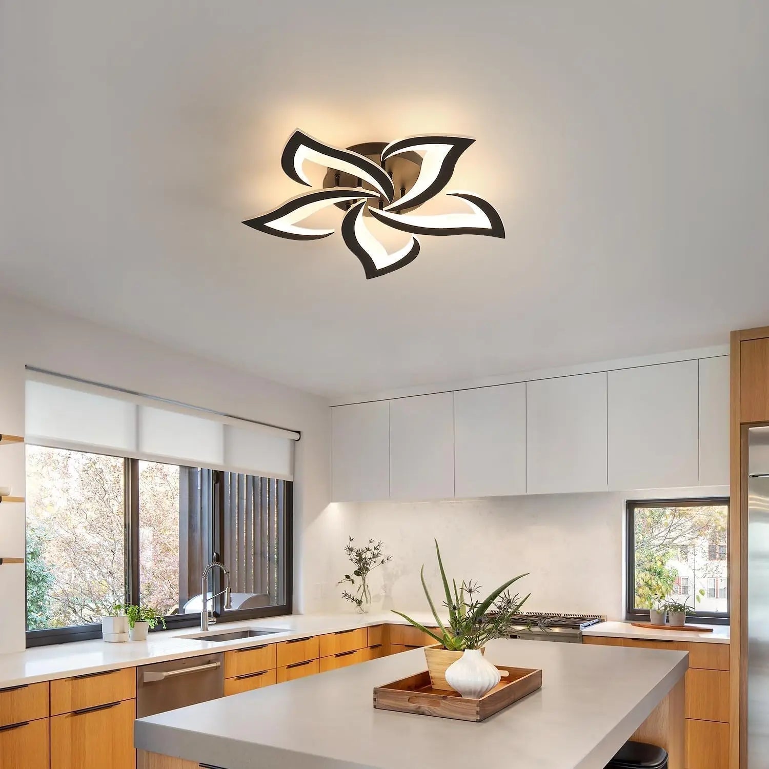 Modern Led Ceiling Light,60W Creative Petals Design Ceiling Light,Acrylic Ceiling Lamp,for Living Room Diameter Black 3000K - WAREHOUSE SHOP