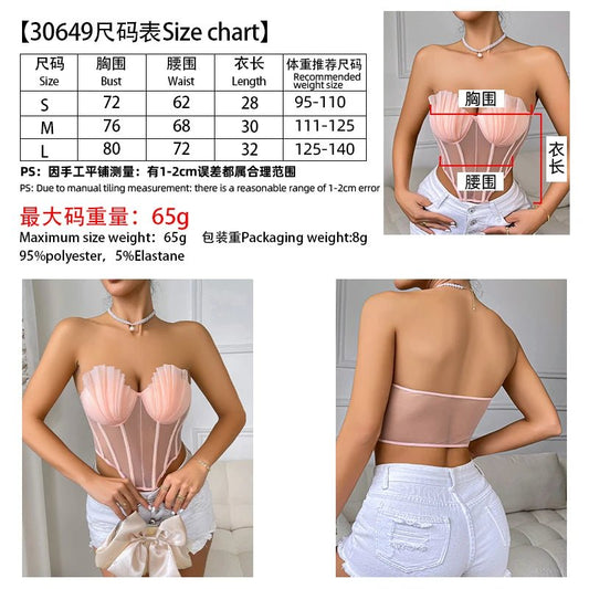 New Creative Fashion Cropped Sexy Pleated Mesh See Through Tight Pink Corset with Bra Youth Women's Strapless Top 2000s Clothes - WAREHOUSE SHOP