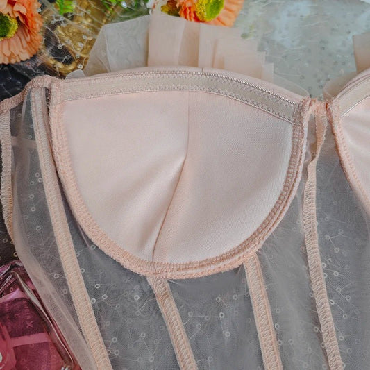 New Creative Fashion Cropped Sexy Pleated Mesh See Through Tight Pink Corset with Bra Youth Women's Strapless Top 2000s Clothes - WAREHOUSE SHOP