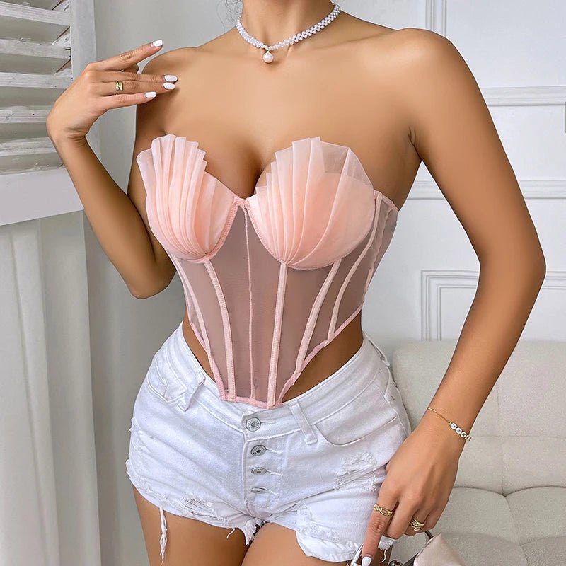 New Creative Fashion Cropped Sexy Pleated Mesh See Through Tight Pink Corset with Bra Youth Women's Strapless Top 2000s Clothes - WAREHOUSE SHOP