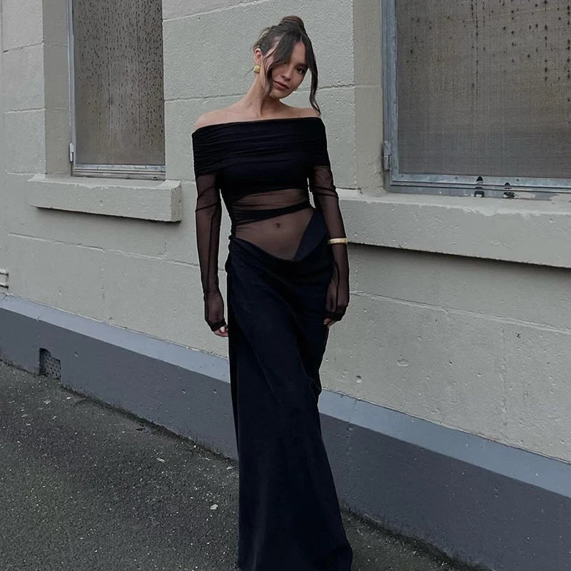 New Solid Color Long Sleeve, Off Shoulder, Dresses. See Through Ruched Patchwork Long Dresses - WAREHOUSE SHOP