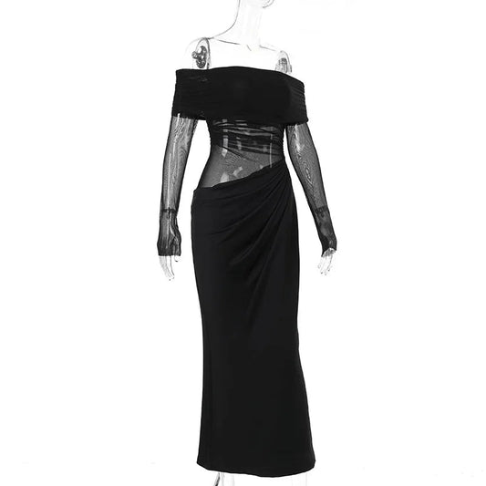New Solid Color Long Sleeve, Off Shoulder, Dresses. See Through Ruched Patchwork Long Dresses - WAREHOUSE SHOP