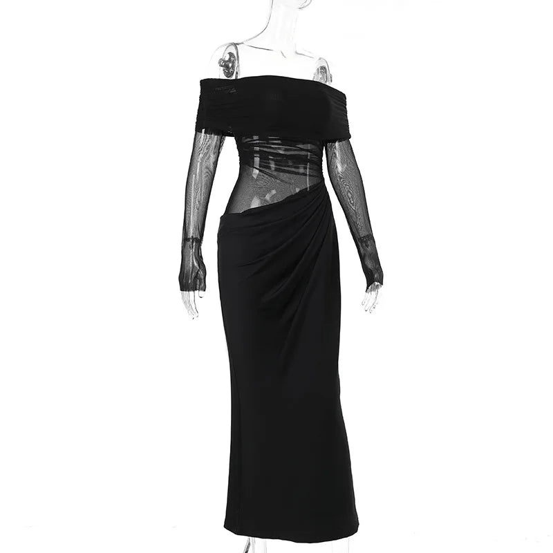 New Solid Color Long Sleeve, Off Shoulder, Dresses. See Through Ruched Patchwork Long Dresses - WAREHOUSE SHOP
