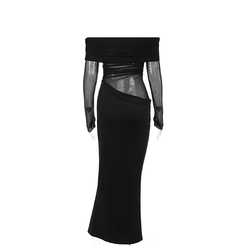 New Solid Color Long Sleeve, Off Shoulder, Dresses. See Through Ruched Patchwork Long Dresses - WAREHOUSE SHOP