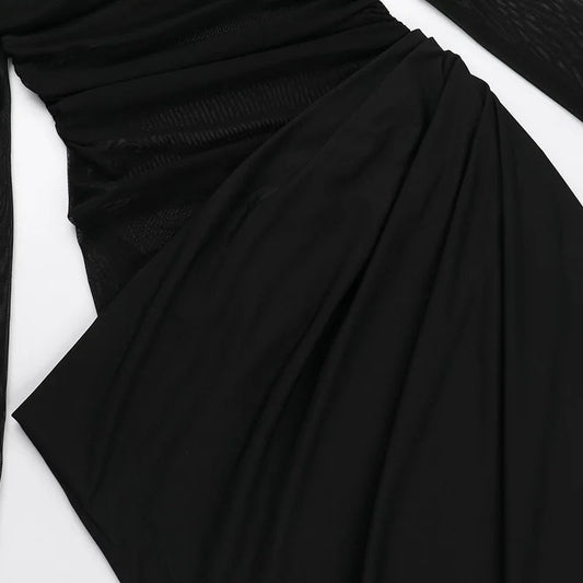 New Solid Color Long Sleeve, Off Shoulder, Dresses. See Through Ruched Patchwork Long Dresses - WAREHOUSE SHOP
