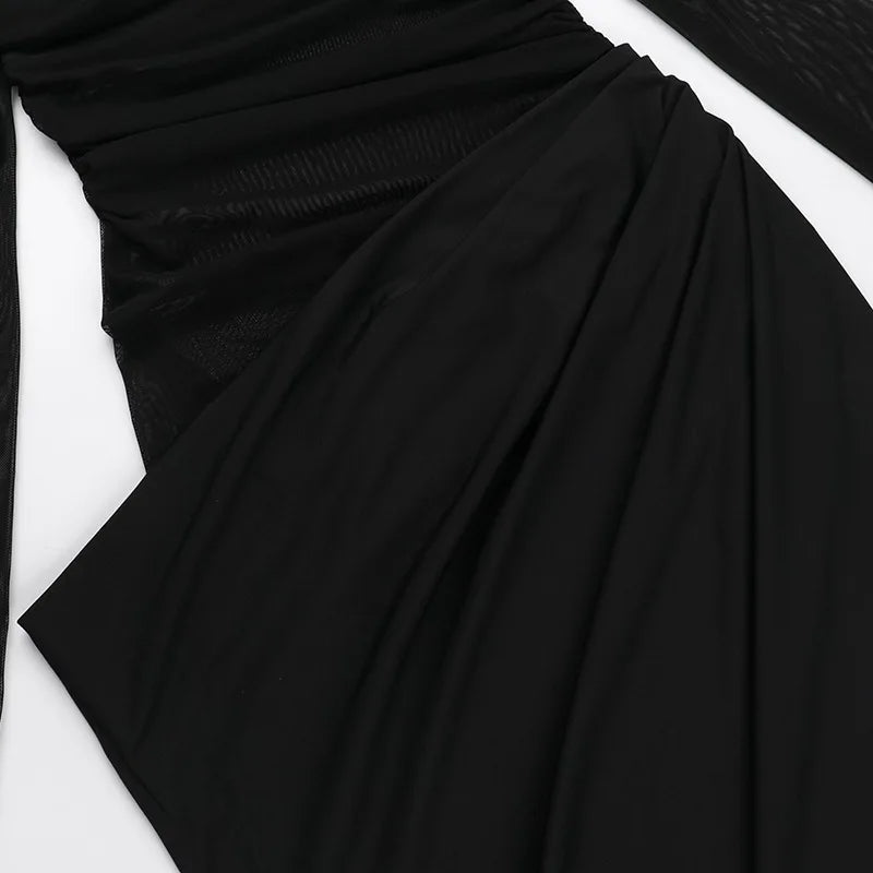 New Solid Color Long Sleeve, Off Shoulder, Dresses. See Through Ruched Patchwork Long Dresses - WAREHOUSE SHOP