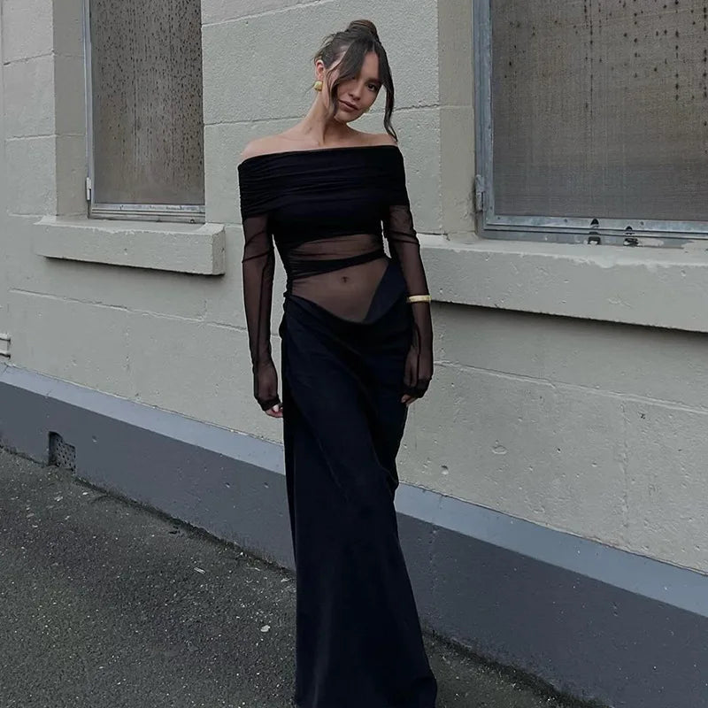 New Solid Color Long Sleeve, Off Shoulder, Dresses. See Through Ruched Patchwork Long Dresses - WAREHOUSE SHOP