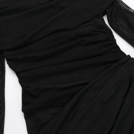 New Solid Color Long Sleeve, Off Shoulder, Dresses. See Through Ruched Patchwork Long Dresses - WAREHOUSE SHOP
