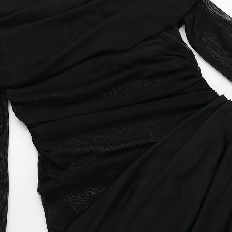 New Solid Color Long Sleeve, Off Shoulder, Dresses. See Through Ruched Patchwork Long Dresses - WAREHOUSE SHOP