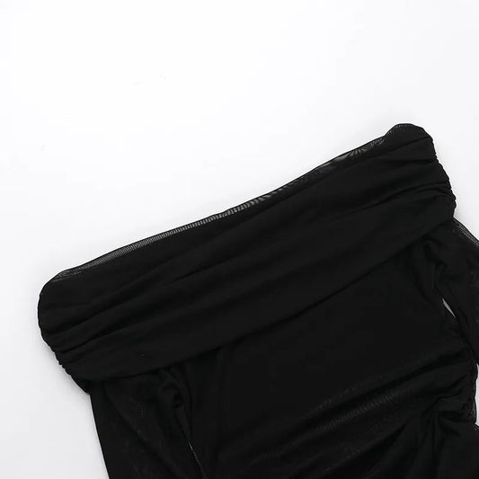 New Solid Color Long Sleeve, Off Shoulder, Dresses. See Through Ruched Patchwork Long Dresses - WAREHOUSE SHOP
