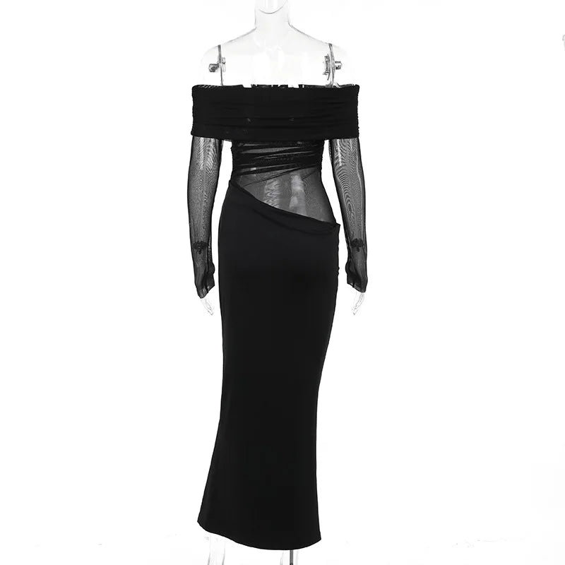 New Solid Color Long Sleeve, Off Shoulder, Dresses. See Through Ruched Patchwork Long Dresses - WAREHOUSE SHOP