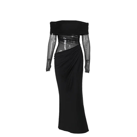 New Solid Color Long Sleeve, Off Shoulder, Dresses. See Through Ruched Patchwork Long Dresses - WAREHOUSE SHOP