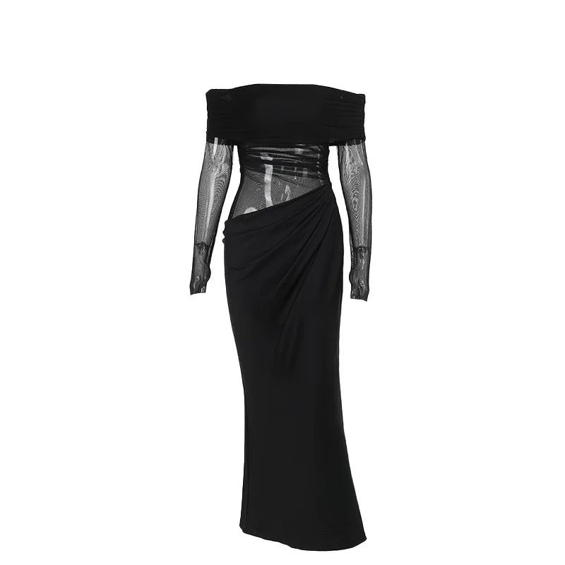 New Solid Color Long Sleeve, Off Shoulder, Dresses. See Through Ruched Patchwork Long Dresses - WAREHOUSE SHOP