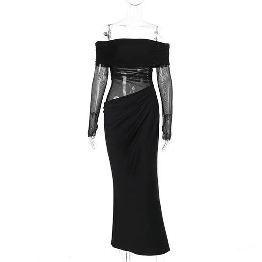 New Solid Color Long Sleeve, Off Shoulder, Dresses. See Through Ruched Patchwork Long Dresses - WAREHOUSE SHOP