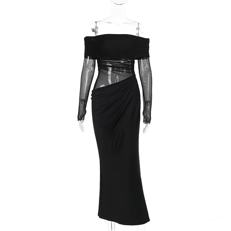 New Solid Color Long Sleeve, Off Shoulder, Dresses. See Through Ruched Patchwork Long Dresses - WAREHOUSE SHOP