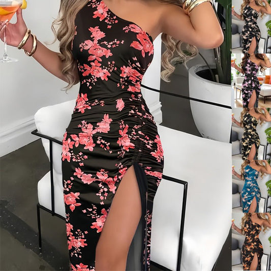 Oblique Shoulder Printed Sheath Dress, High Slit - WAREHOUSE SHOP