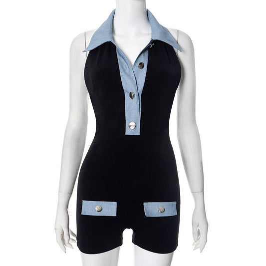Polo Collar Denim Contrast Colors Slimming Women's Clothing One - piece Shorts - WAREHOUSE SHOP